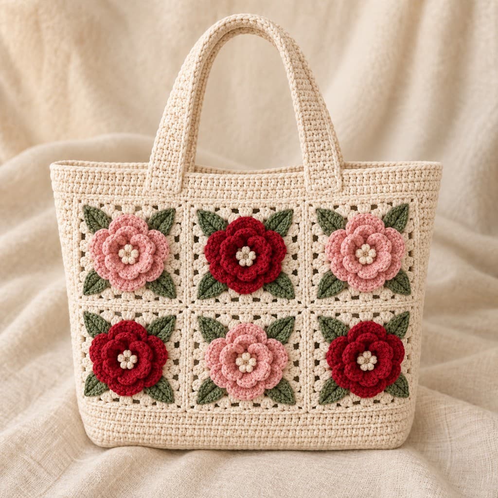 Floral Crochet Tote Bag